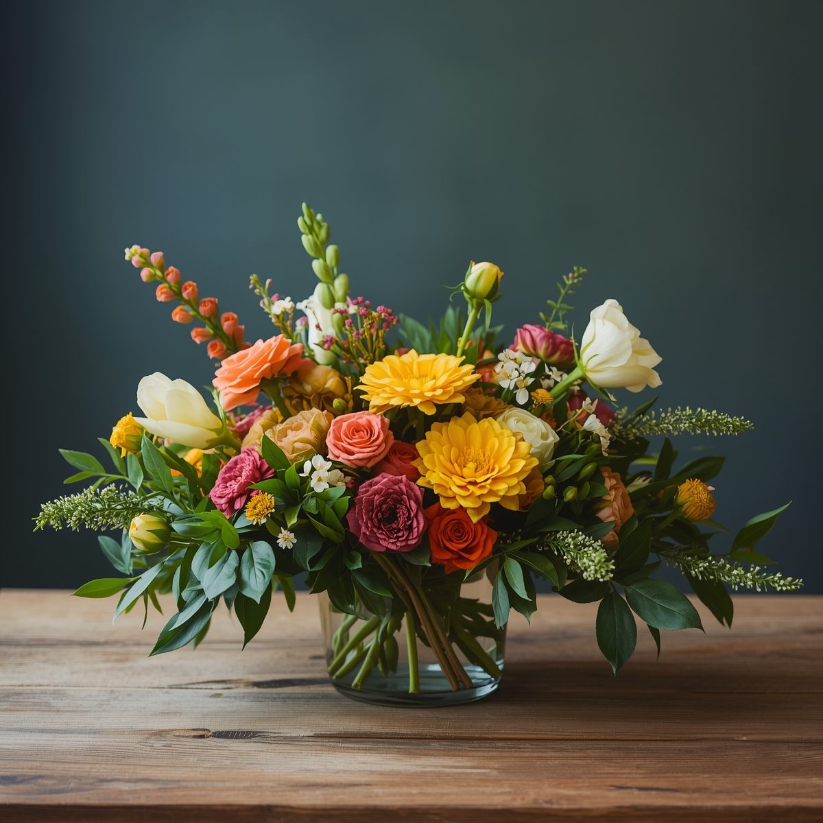 Amber-toned bouquet with autumn foliage
